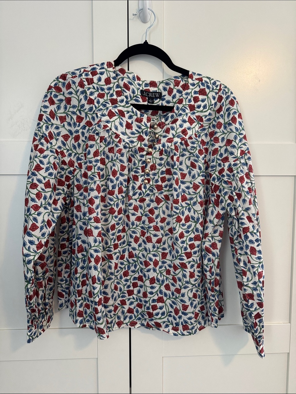 J. Crew White Button-Front Floral Blouse with Red and Blue Print